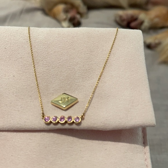 Beautiful 5 bezel pink saphire 14kt gold necklace - Picture 2 of 3